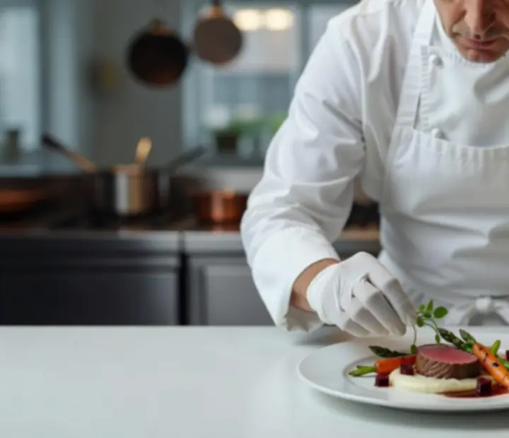 Chef arranging an artfully plated gourmet dish