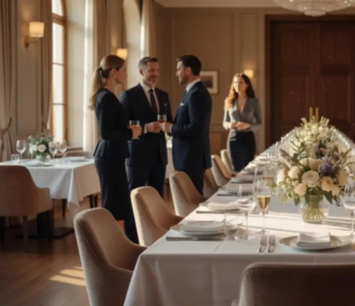 Elegant corporate dining room set for a business event at Felt And Fork