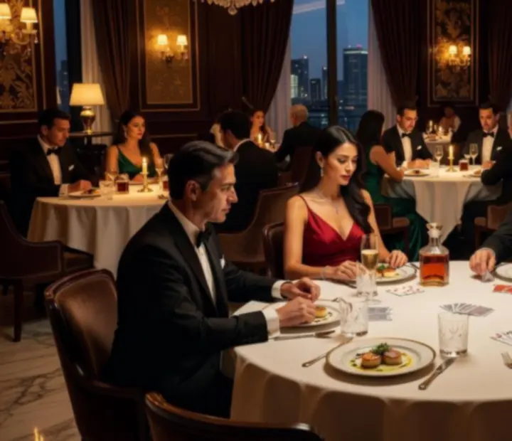 Guests seated at an elegant poker table in a softly lit dining room