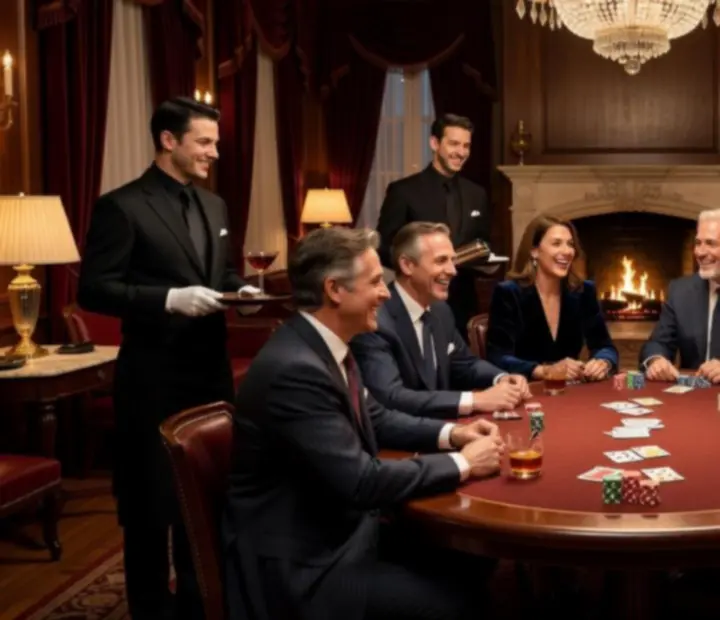 Guests smiling and enjoying an evening of poker and dining