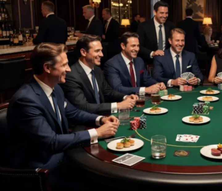 Corporate guests enjoying an elegant poker evening in a refined dining setting