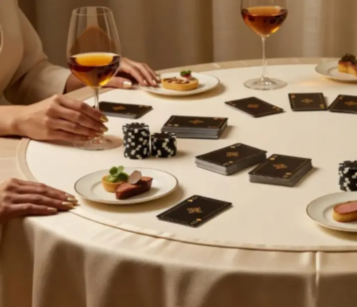Elegant poker evening table setting with refined snacks and cocktails at Felt And Fork