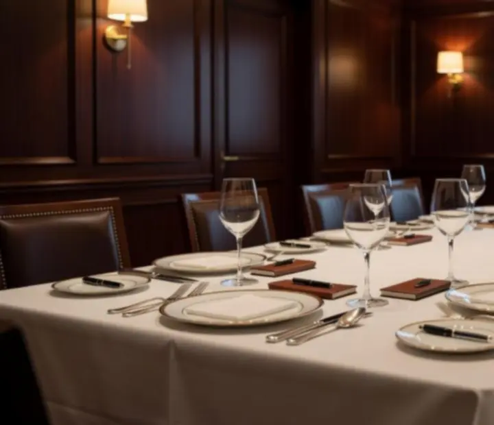 Private dining room prepared for a corporate meeting with elegant place settings