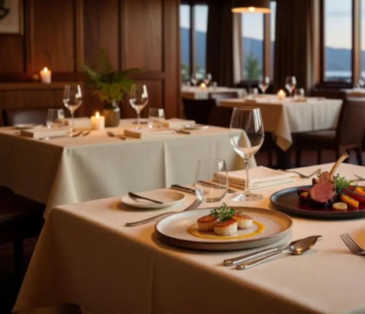 Plated chef's tasting menu course in an elegant New Zealand dining room
