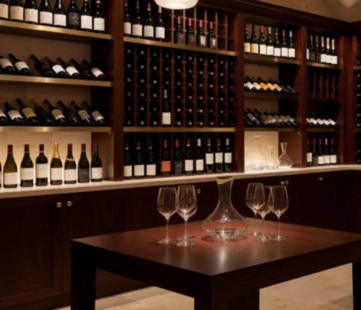 A softly lit wine cellar at Felt And Fork with neatly arranged bottles and warm ivory tones.
